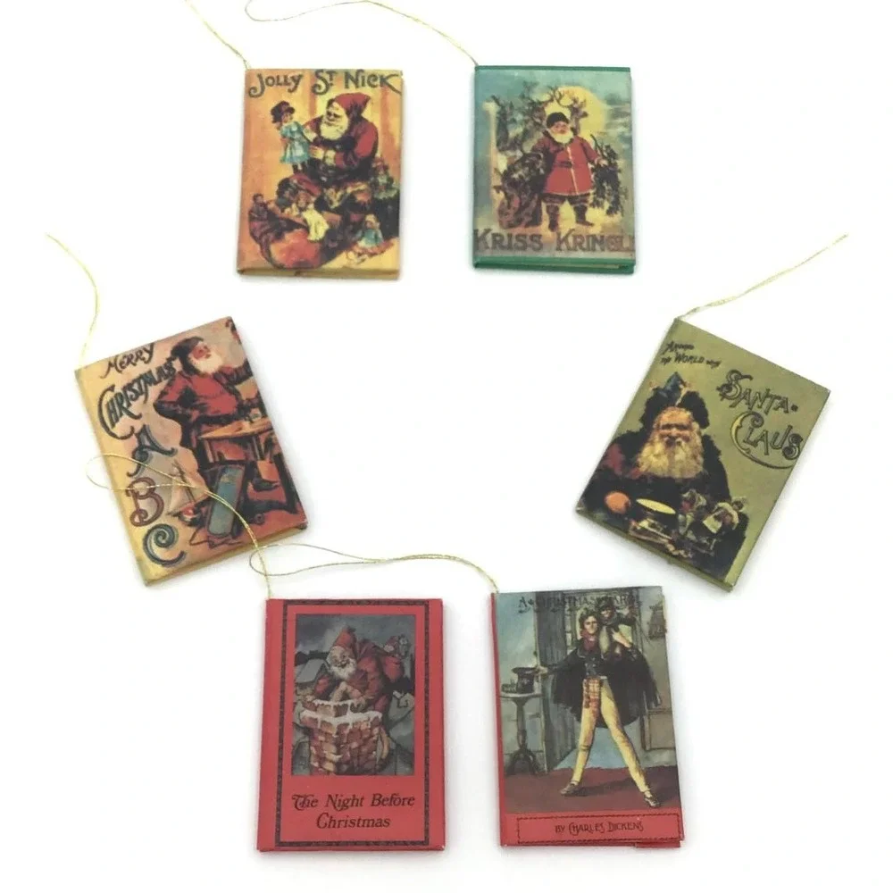 Vintage Miniature Book Christmas Ornaments Set 6 Victorian Santa Christmas Carol